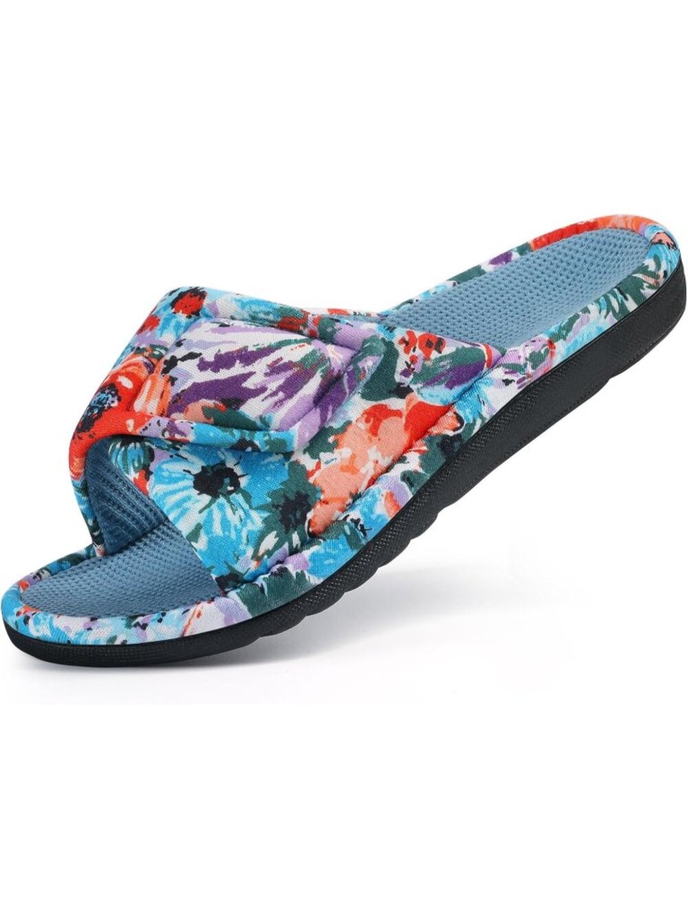 Women's Cyan Blue Summer Open Toe Waffle Comfortable Adjustable Strap Slippers